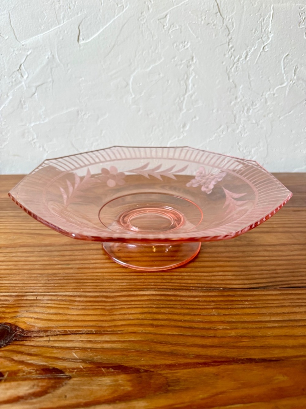 Vintage Depression Glass Pink Etched Glass Pedestal Compote Fruit Bowl - Picture 3 of 9